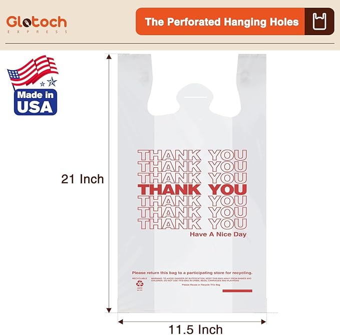 Glotoch 10000 (10K) Count Plastic Thank You Bags for Small Business in Bulk, 11.5 x 6.5 x 21" White Grocery Bag with Handles for Restaurant, Retail, Takeout, Convenience Stores, Shopping T-shirt bags
