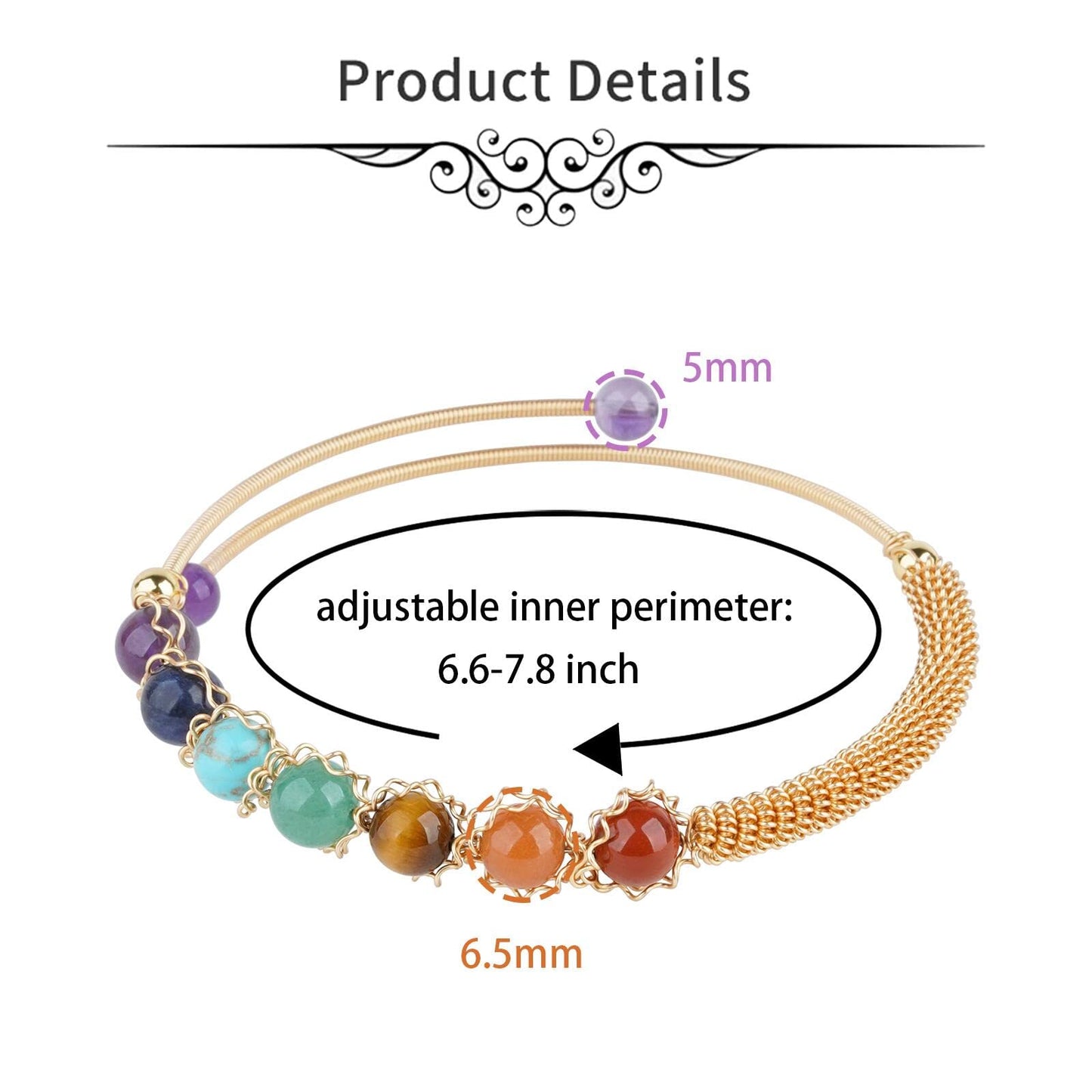 ASGIFT 7 Chakra Bracelet Adjustable 14K Gold Wire Wrapped 6.5mm Beads Bracelet Natural Crystal Yoga Meditation Bracelet Jewelrys for Women
