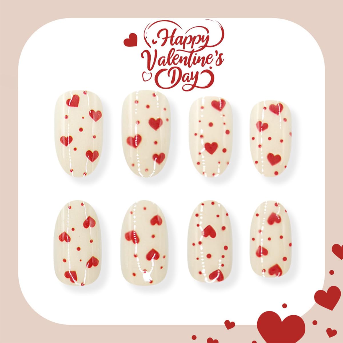 Valentine's Day Press on Nails Small Heart Polka Dot Fake Nails with Glue Red Hearts Glitter Glossy Design False Nails for Women DIY Manicure Valentines Nail Decoration Supply 24Pcs