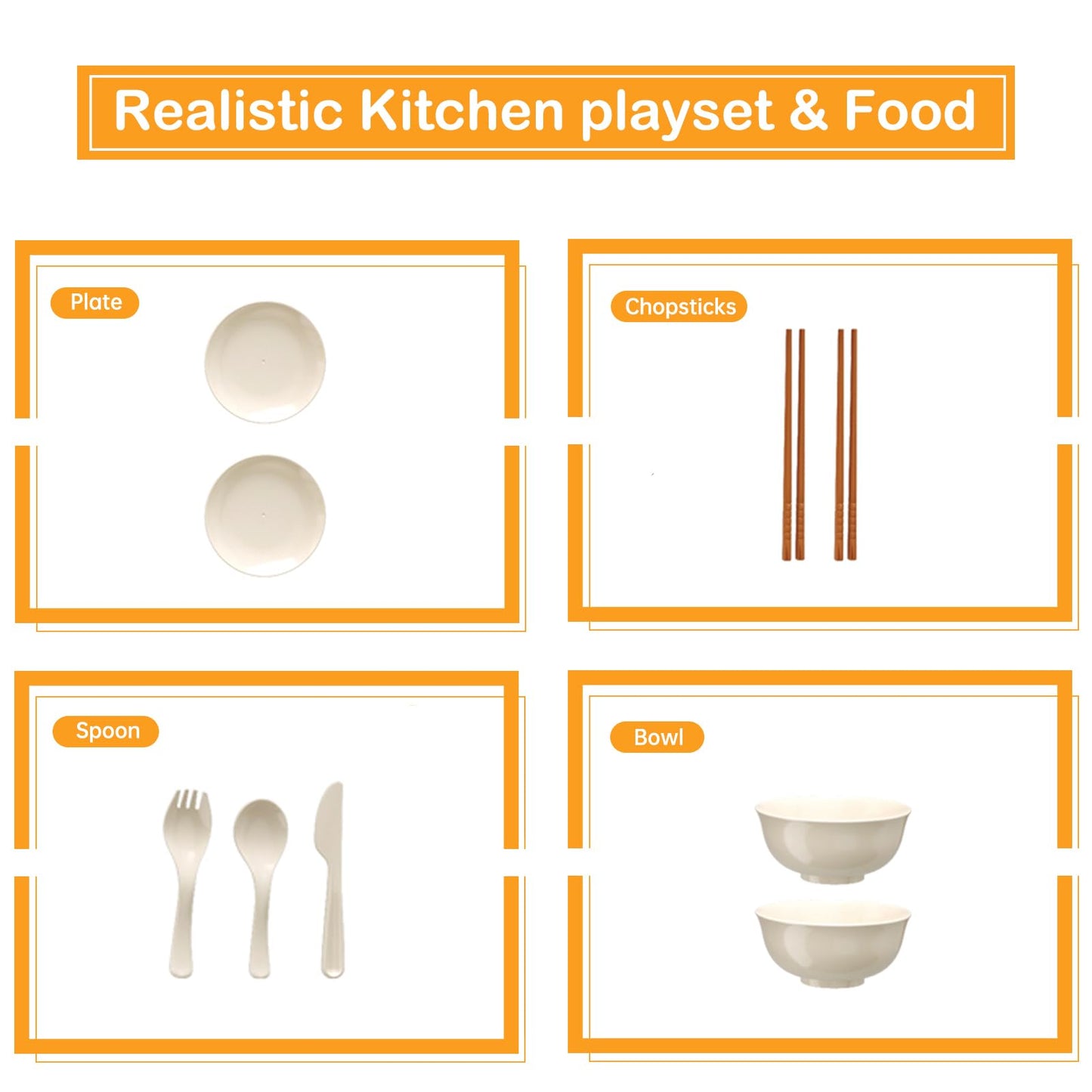 Bruvoalon 32Pcs Kids Play Kitchen Toys Set, Toddlers Pretend Cooking Playset Acccessories with Pots Pans, Utensils Cookware, Foods, Canned Veges, Learning Gift for Kids Girls Boys (White)
