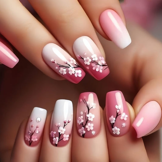 LOPMNGHT 24Pcs Flower False Nails Medium Press on Nails Ballet Shaped Pink Gradient Acrylic Nails Floral Design Spring Fake Nails Full Cover Flower Stick on Nails Artificial Nails for Women Decoration