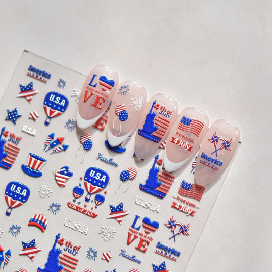 Independence Day Nail Stickers Star Self-Adhesive Balloon 5D Embossed Statue of Liberty Summer Nail Decals 4th of July Nail Designs Firework Nails Art Decoration for Women Manicure 1 Sheet