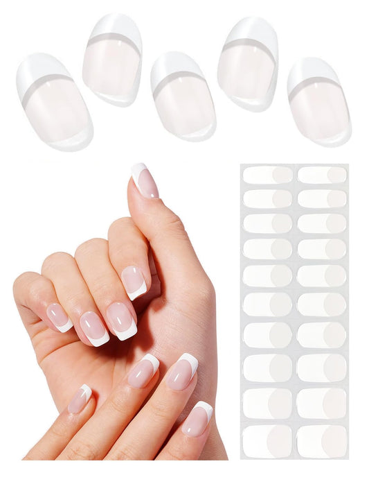 Semi Cured Gel Nail Strips, Classic French, Nude Base 20pcs Gel Nails Sticker for Home Nails DIY