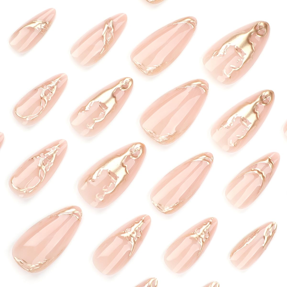 Gold Press on Nails Almond Fake Nails with Design Medium False Nails Press ons,Reusable Acrylic Nail Full Cover Glossy Glue on Nail Stick on Nails for Women Girls Manicure 24 Pcs
