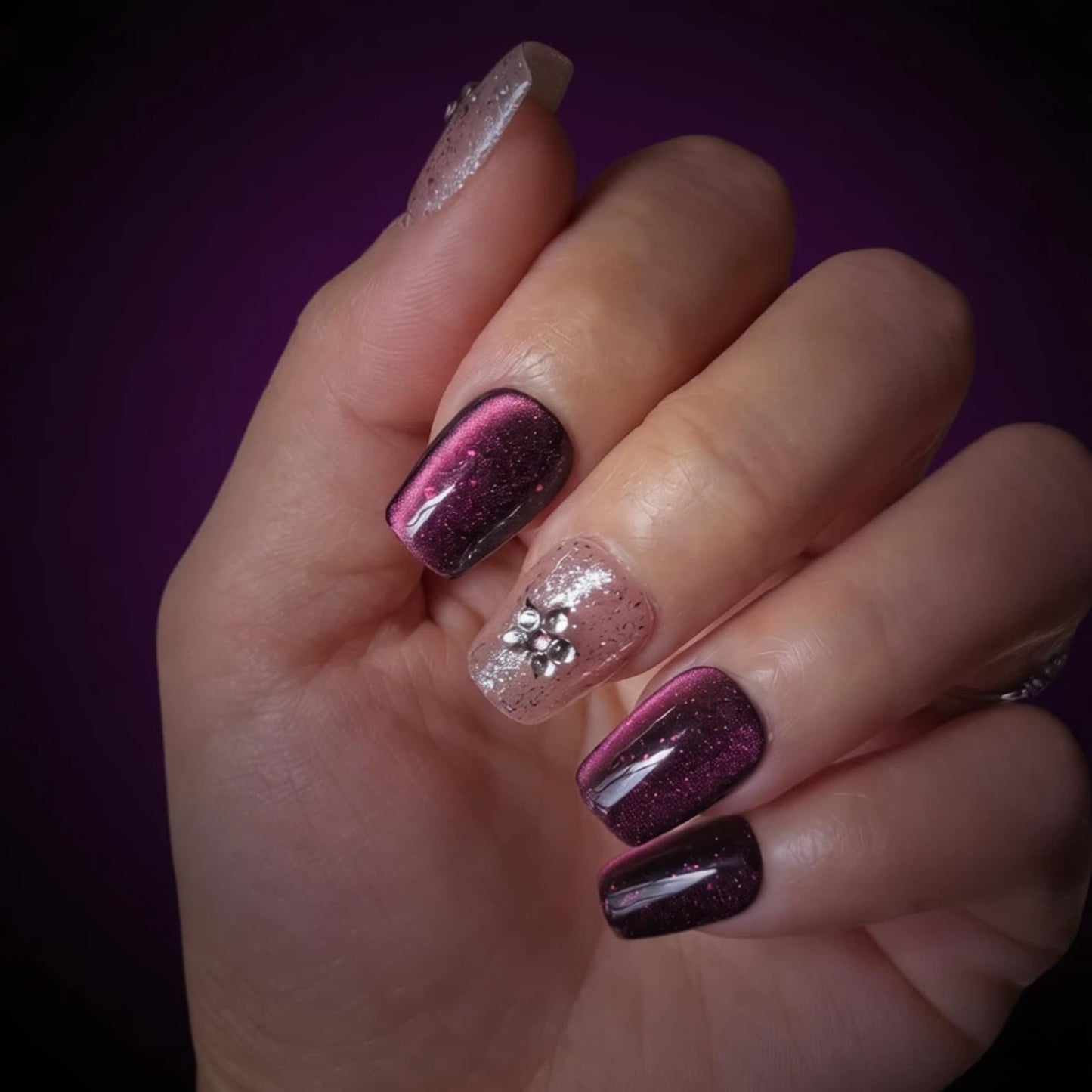Tesytto Handmade Short Square Press On Nails, Purple Cat Eye Glitter False Nails with 3D Star Rhinestone, Reusable Fake Nails for Women, 10Pcs (Gemstone Starry Night, M)