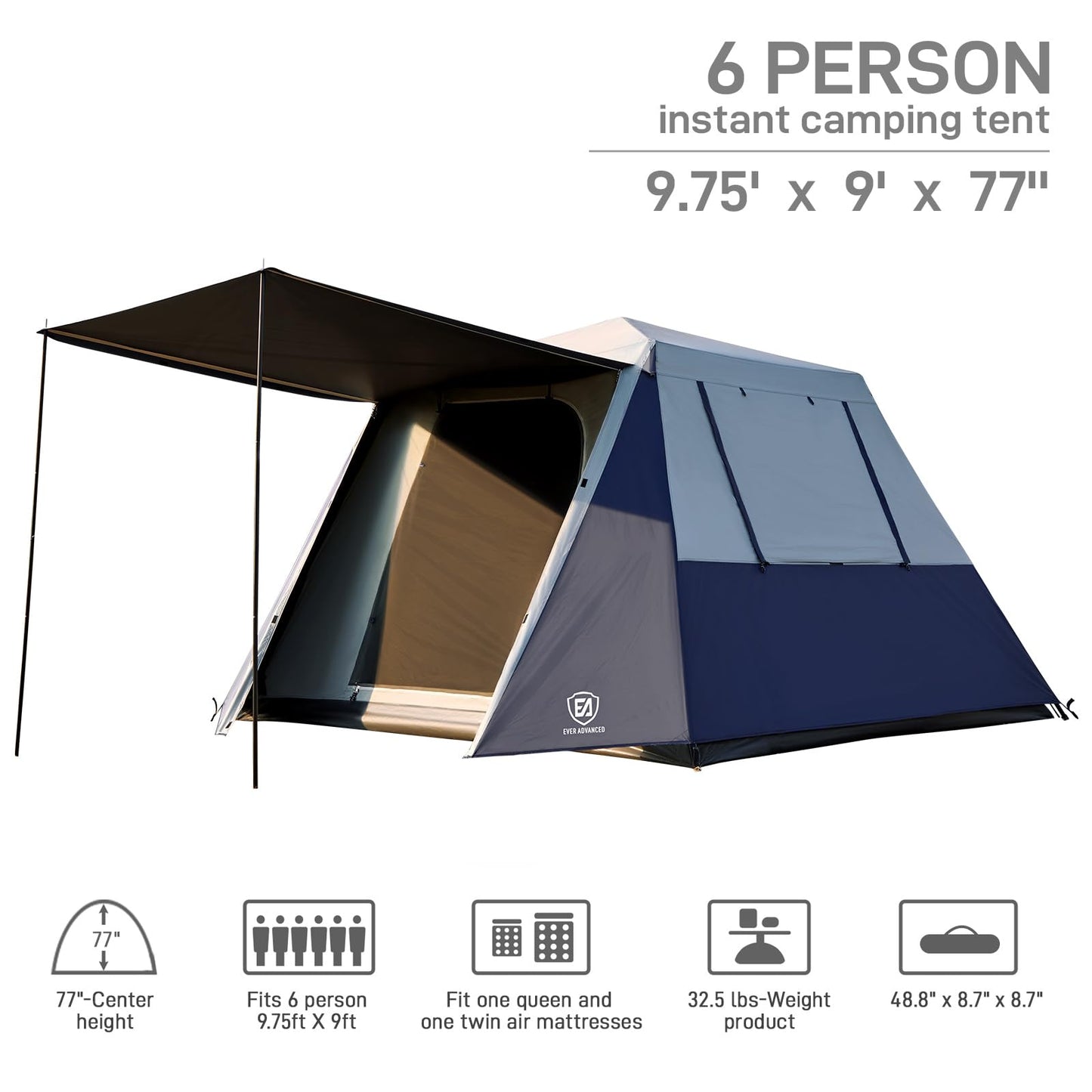 EVER ADVANCED Blackout 6 Person Camping Tent, Instant Cabin Tent for Family with Vestibule and Large Mesh Windows, 60s Easy Setup, Double Layer, Water-Resistant, Grey&Blue