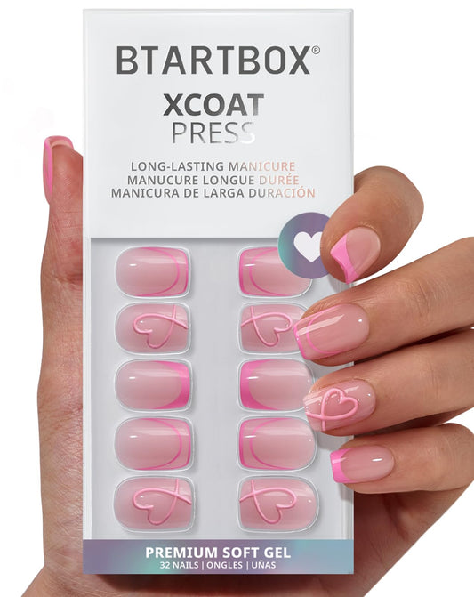 BTArtbox French Tip Press On Nails - A Little Romance, Lamp-Curable 4-Week Wear Hot Pink Short Square Press On Nails with Glue and Adhesive Tabs, Easy-to-Apply in 16 Sizes - 32 Nails All-in-One Kit