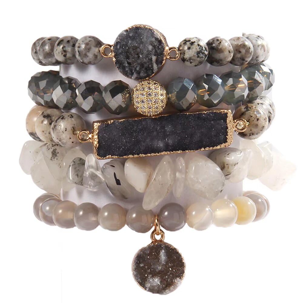 Yomisa 5PCS Natural Boho Beaded Bracelets for Women Men,Healing Turquoise Jasper Agate Crystal Gemstone Stone Diamond Chakra Multilayer Wrap Bohemian Handmade Jewelry Beads Stretch Bracelet Set
