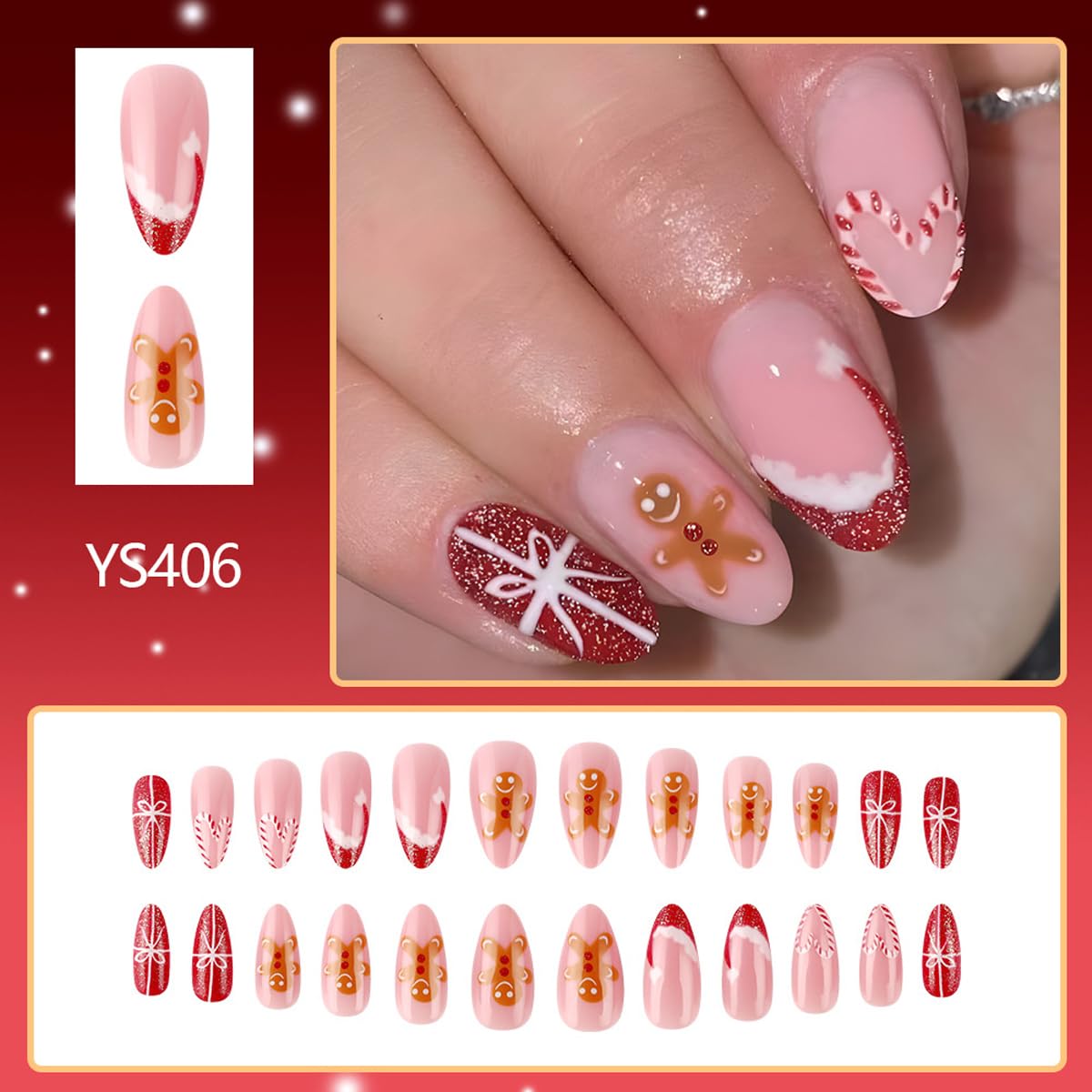 Christmas Press On Nails Medium Almond Fake Nails Gingerbread Santa Hat With Candy Cane Bow Design Xmas False Nails Full Cover Cute Acrylic Glue On Nail Winter Stick On Nails For Women 24pcs