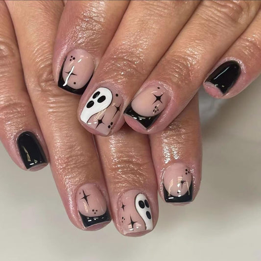 Halloween Press on Nails Black French Tips Fake Nails Short Square False Nails with Ghost Star Designs Acrylic Nails Glossy Halloween Glue on Nails for Women Girls Nails Decoration 24Pcs