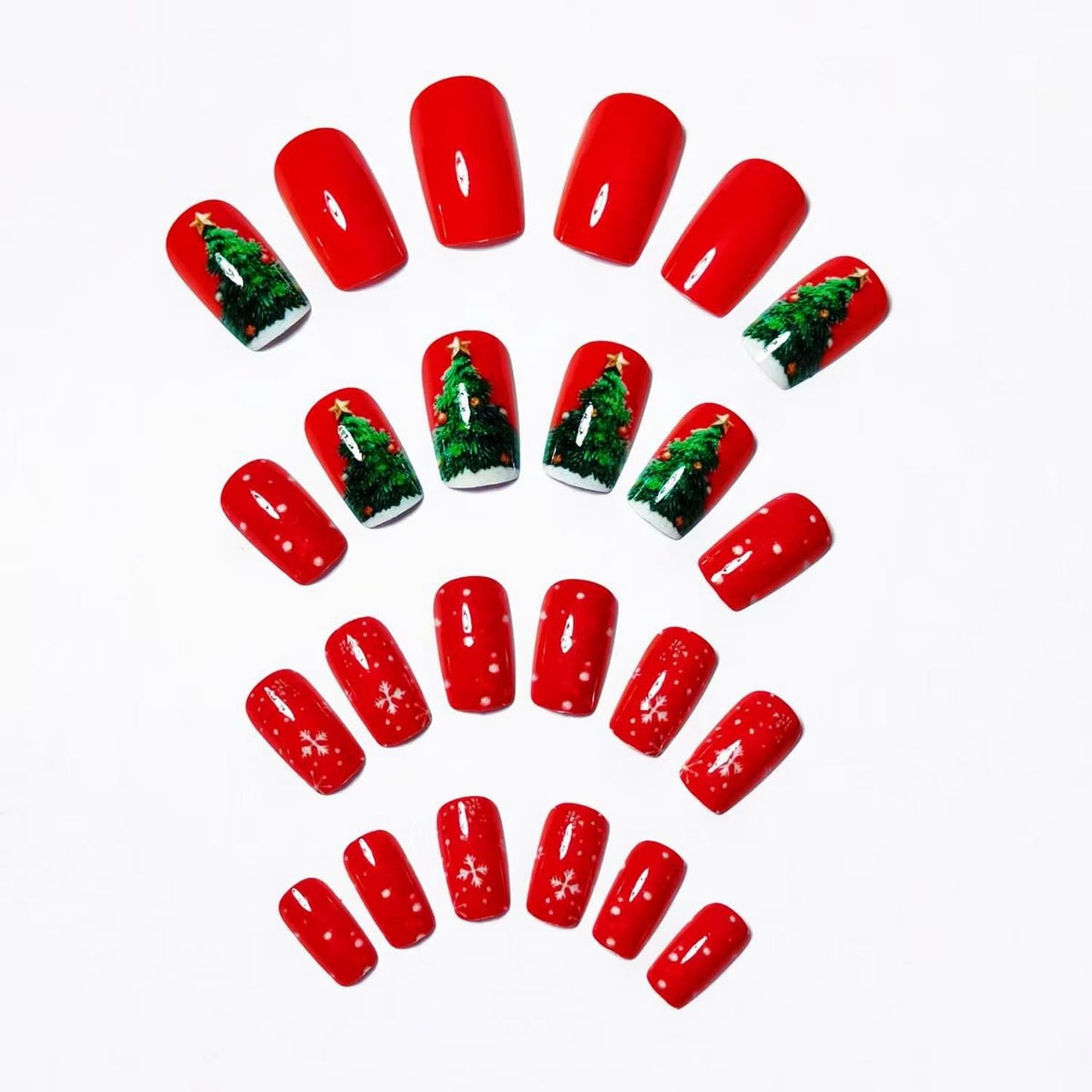 24pcs Christmas Press on Nail Red Fake Nails with Christmas Tree designs Acrylic Press ones Snowflake Stick on Nail Sqaure Glossy Holiday False Nails Reusable Gel Glue on Nails for Women Xmas Deocr聽