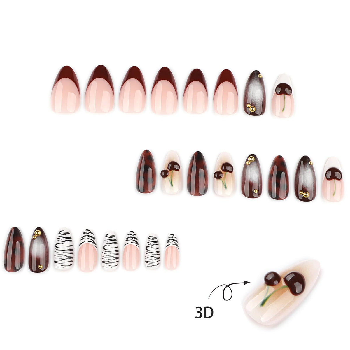 Brown Press On Nails Almond Shape, Glossy Red Gradient with Cherry, Leopard Print & Gold Studs, Luxury Handmade Look Full Cover False Nails for Women, Reusable, 24PCS