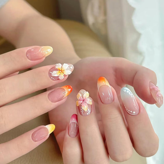 PODUOJIEYI 24Pcs Colorful French Tip Press on Nails Medium Almond ABS Acrylic False Nails with 3D Flower Designs Nude Pink Glossy Full Cover Stick on Nails for Women Girls Daily Wear