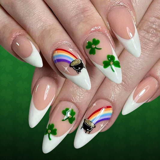 St. Patrick's Day Press on Nails - Short Almond Fake Nails Press ons with Shamrock Rainbow Designs, White French Tip Nails Glossy Acrylic Nails Full Cover Glue on Nails for Women Manicure 24Pcs