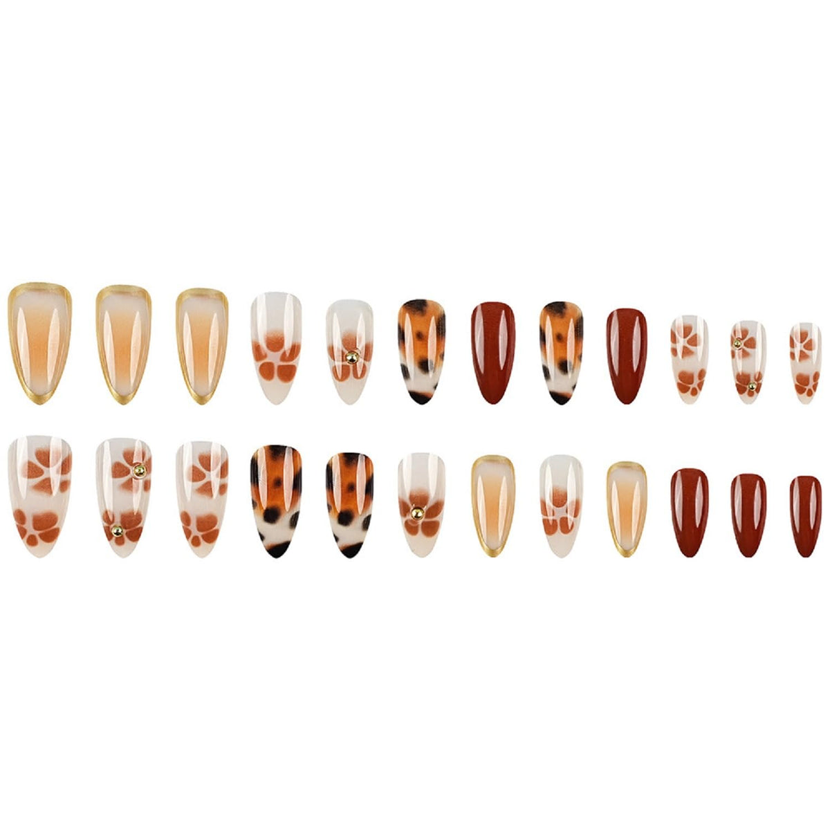 Medium Almond Press On Nails Brown Fake Nails Leopard Print With Flower Gradient Design Fall False Nails Reusable Glue On Nai Acrylic Stick On Nail For Women Girls DIY Manicure 24pcs