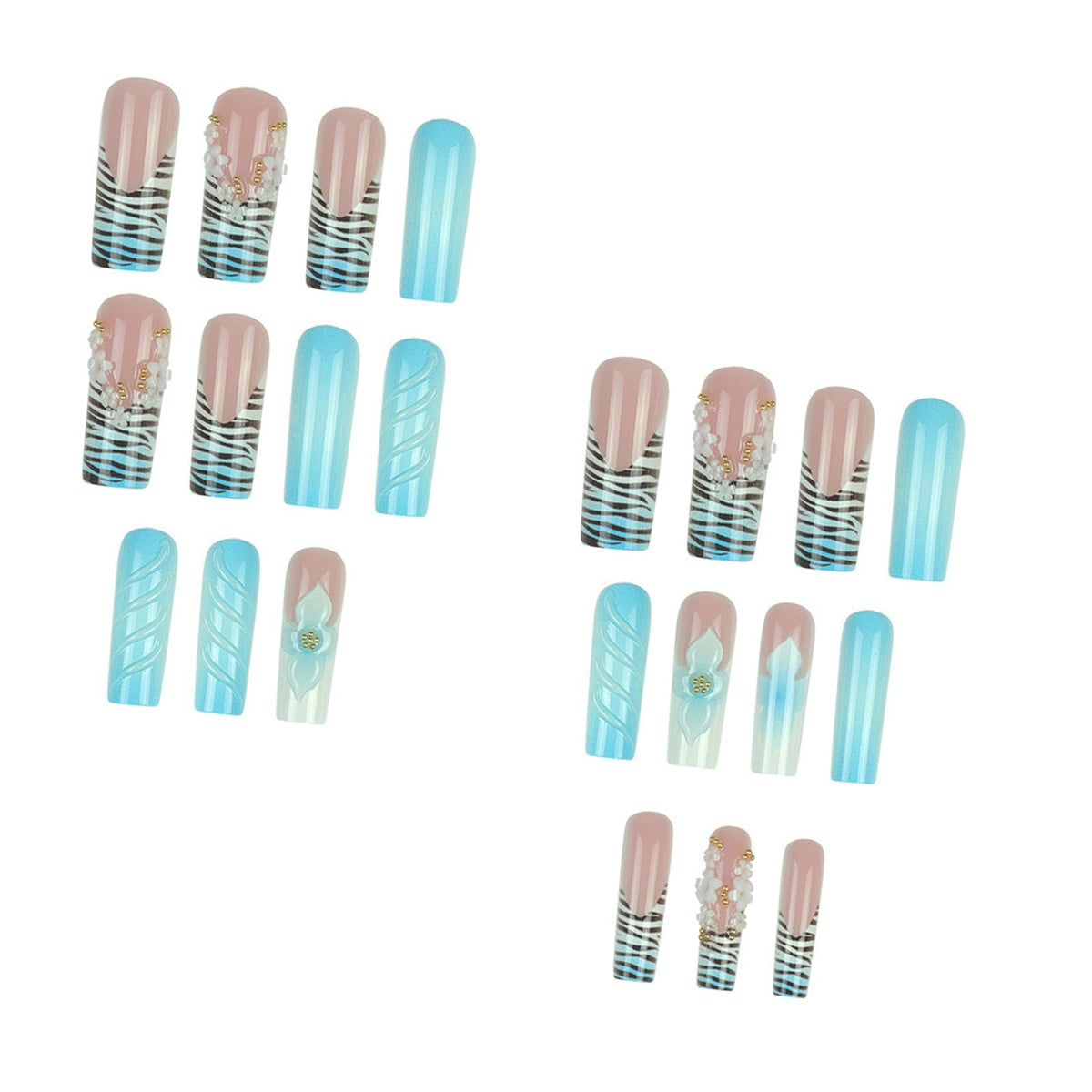 IMRAIN Press on Nails Long Square Fake Nails Blue Ombre French Tips False Nails with 3D Flower Designs Full Cover White Acrylic Glossy Glue on Nails 24Pcs