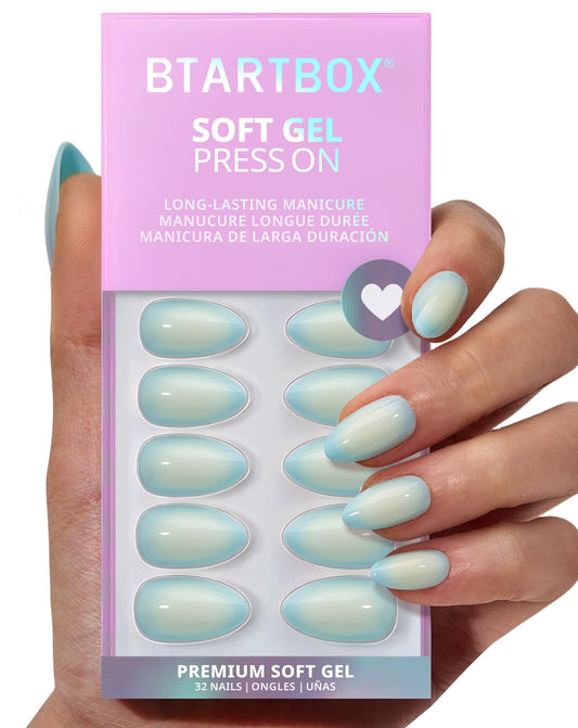 BTArtbox Press On Nails Short - Semester Glow, Easy-to-Apply Blue and White Ombre Almond Press On Nails with Glue and Adhesive Tabs in 16 Sizes - 32 Nails All-in-One Kit