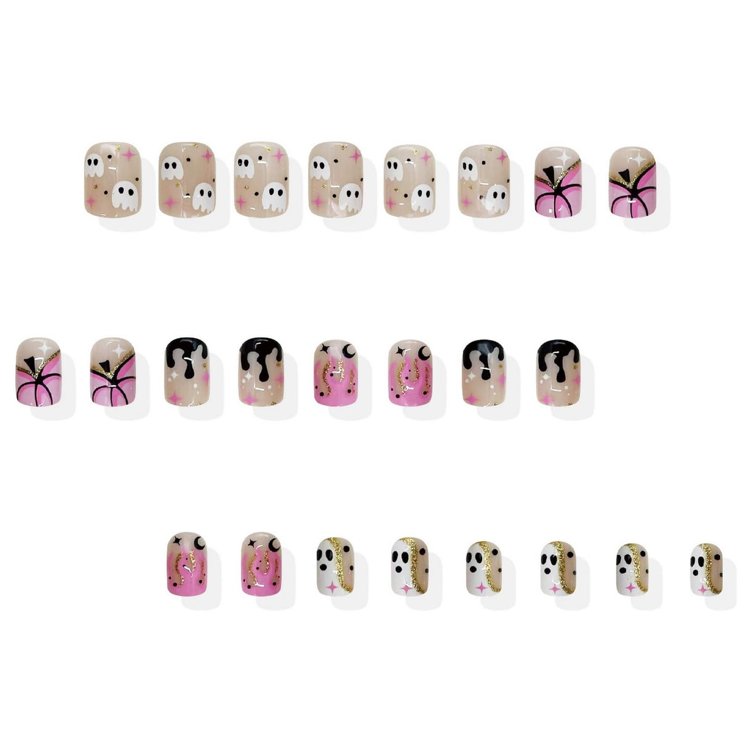 Pink Press on Nail Halloween Short Square Fake Nails Full Cover Cute Glue on Nails Pumpkin Blood Ghost designs Acrylic Gold Glitter Stick on Nail Reusable Halloween False Nails for Women Party24pcs