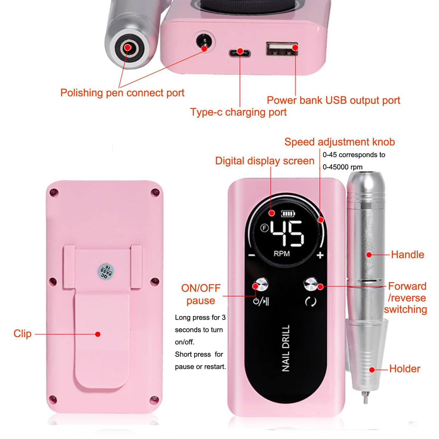 Electric 45000RPM Nail Drill Machine Rechargeable Portable Nail File Electric DIY Nail Drill Kit with Smart LCD Screen for Gel Nail Manicure and Pedicure Reflective Body etc(Pink)