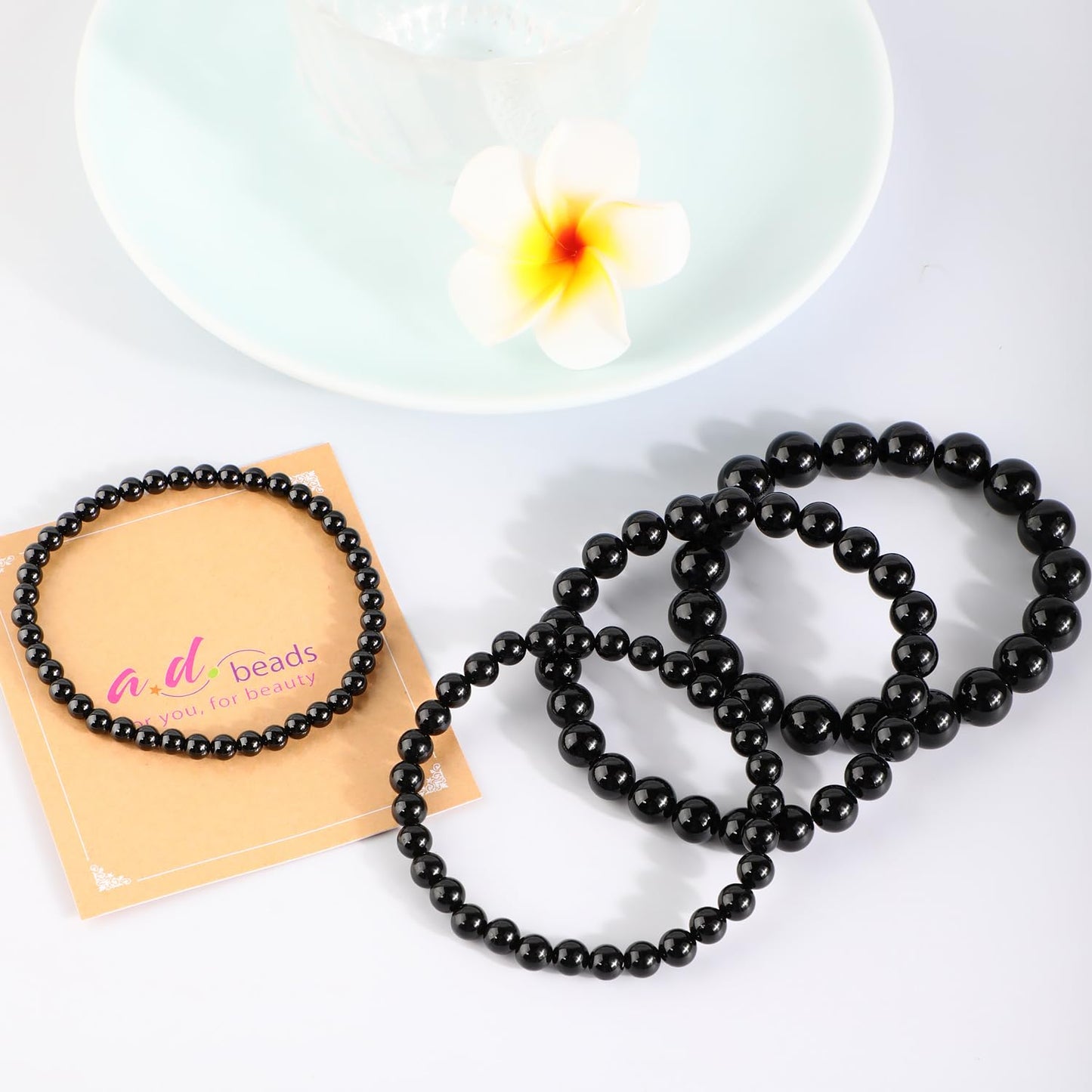 AD Beads 4mm Handmade Black Tourmaline Elastic Bracelet – Natural Gemstone for Safety Protection – Meditation, Yoga, Healing and Energy Gift for Men Women