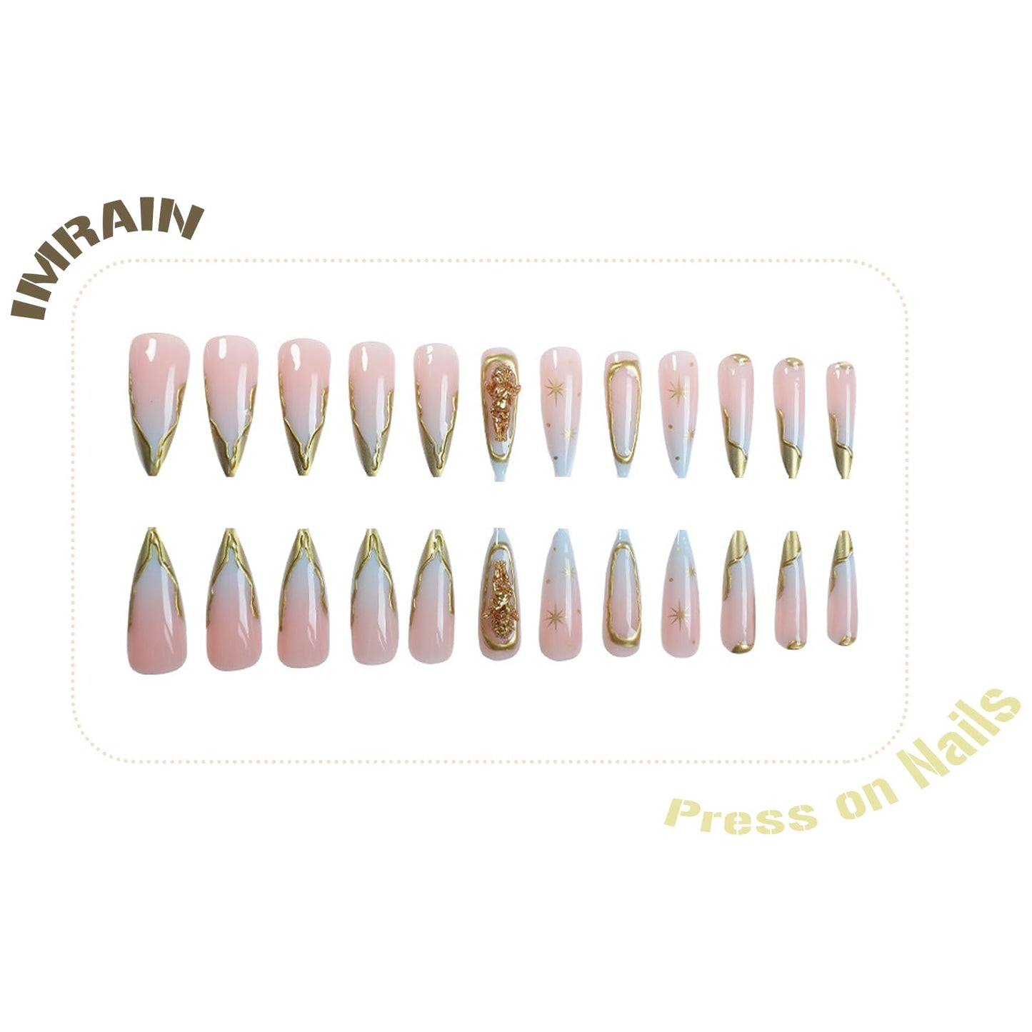 IMRAIN Long Press on Nails Stiletto Nude Blue Gradient Fake Nails 3D Golden Edge French Nail Tips Full Cover Handmade Acrylic Glossy False Nails with Angel Designs 24Pcs Elegant Manicure