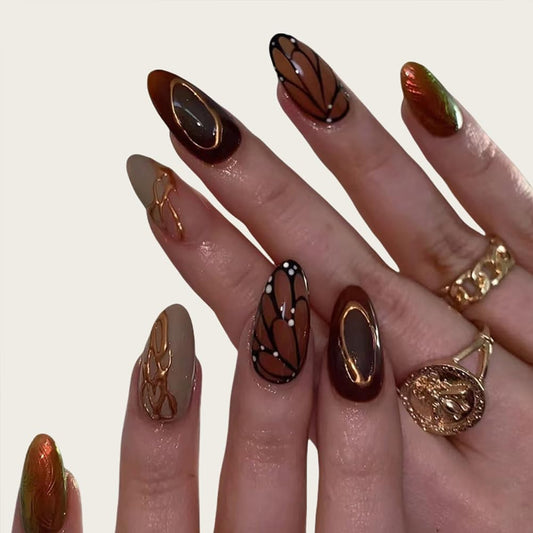 24Pcs Medium Almond Press on Nails Brown Acrylic False Nails With Butterfly Designs Fake Fingernails 3D Gold Curve Line Glossy Full Cover Artificial Fale Nails Kit Reusable Women Girls Manicure