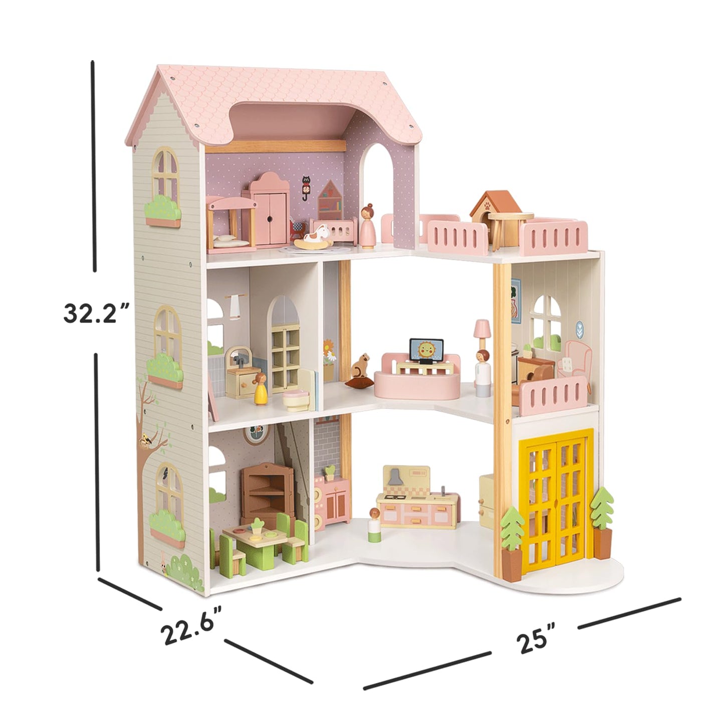OOOK Wooden Dollhouse with 60 Pcs Luxurious Furniture Accessories, Including 4 Dolls and 2 Pets, Large 3-Story Doll House with 6 Rooms, Doll House for 3 Year Old