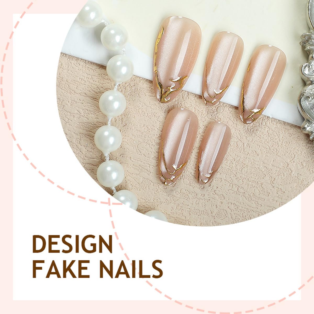 Gold Press on Nails Medium Almond Fake Nails with Design Glass Nude False Nails Press ons,Reusable Acrylic Nail Full Cover Glossy Glue on Nail Stick on Nails for Women Girls Manicure 24 Pcs