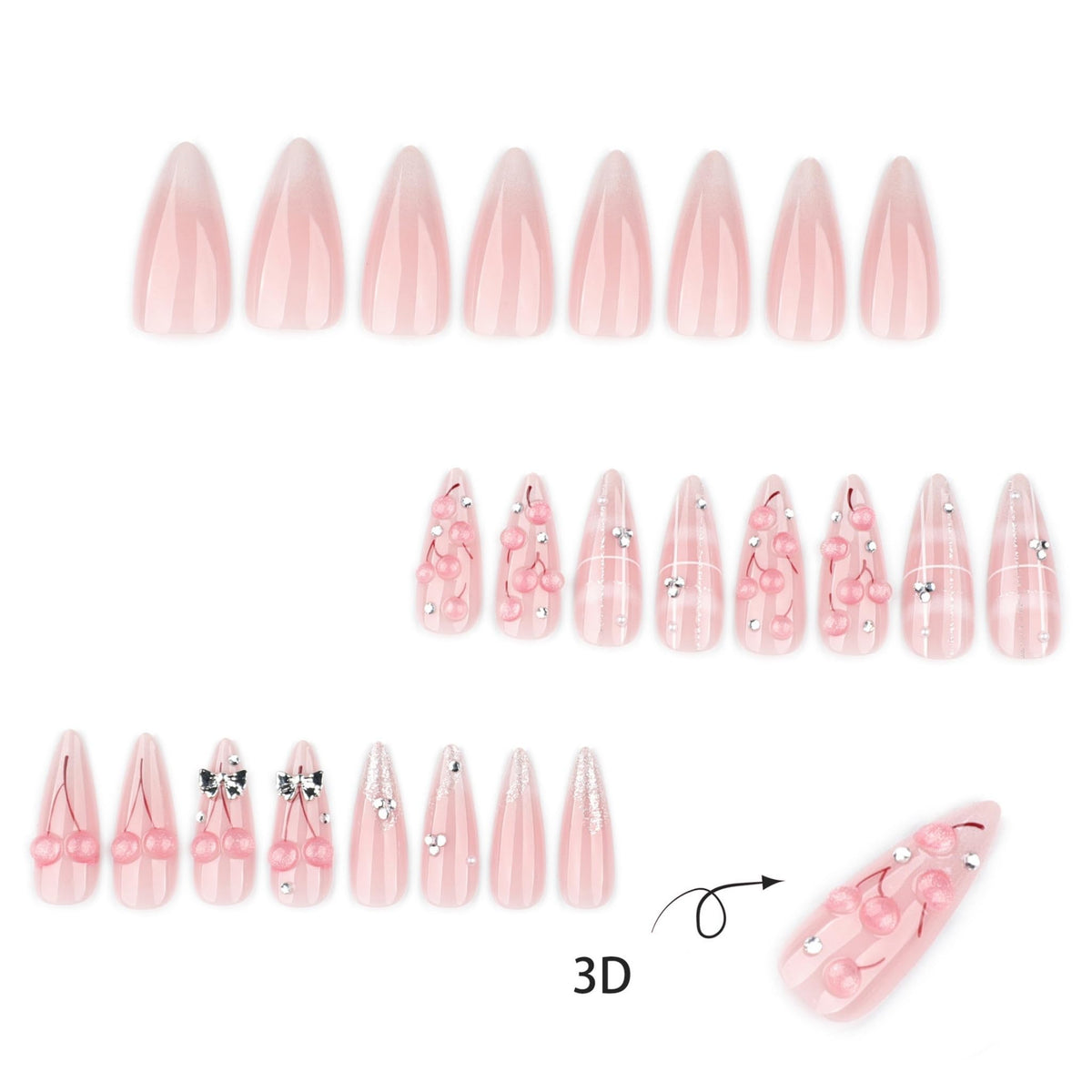 Long Press on Nails Almond Fake Nails Nude Pink Artificial Nail with 3D Cherry Silver Bow Rhinestone Design Stick on Nail for Women 24pcs