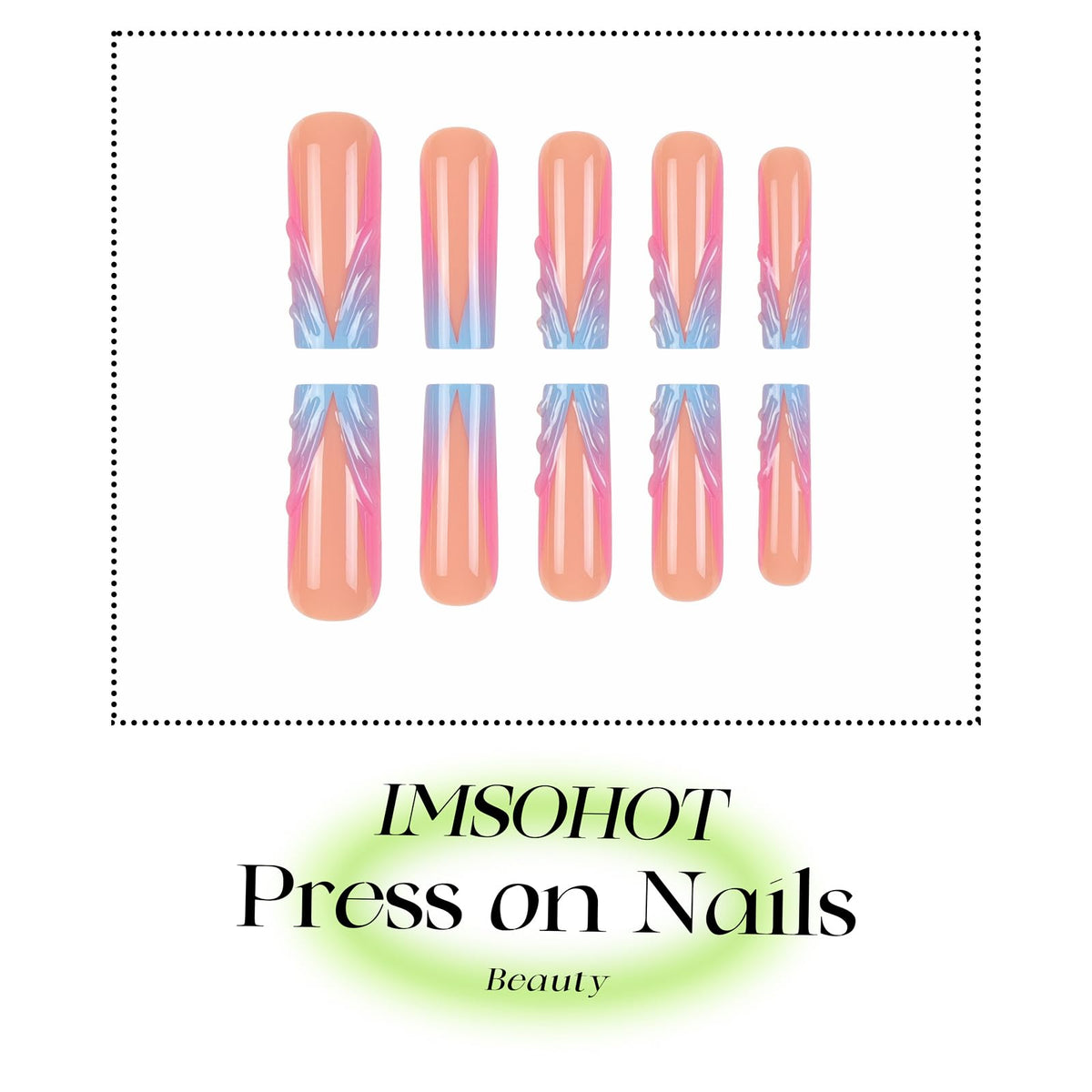 IMSOHOT Press on Nails Long Square Fake Nails Blue Pink French Tips False Nails with 3D Designs Designs Full Cover Acrylic Artificial Glossy Stick on Nails