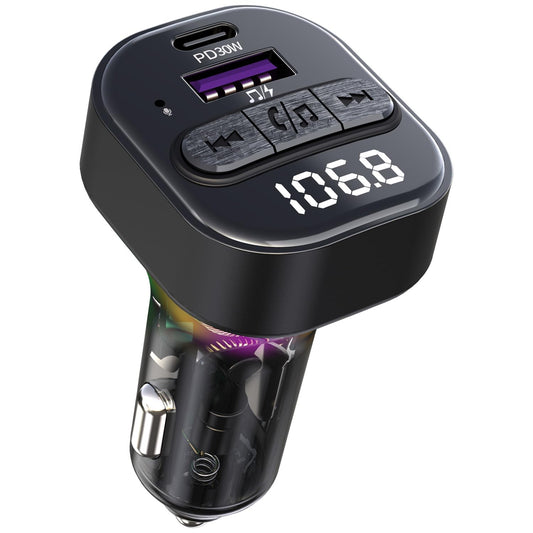 Bluetooth 5.3 FM Transmitter for Car, Bluetooth Car Adapter with Type-C PD(30W) Charger and QC3.0 USB Port, Wireless FM Radio Transmitter, Support MP3 Player, Handsfree Calling, LED Backlit,U Disk