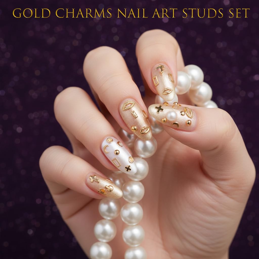 8 Boxes Nail Charms Set- 3D Gold Nail Charms with Gold Nail Gems and Nail Rhinestoness, Nail Pearls Caviar Beads for Nail Design, Gold Charms for Nails, Include Tweezer & Wax Pencil Nail Art Tools kit