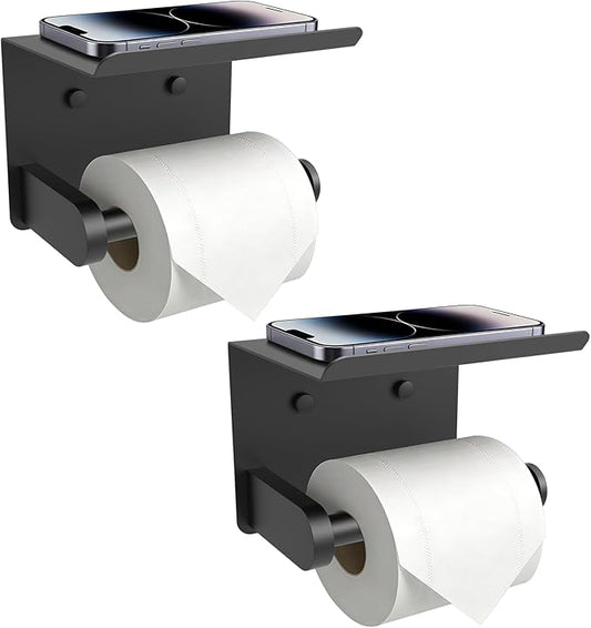 SetSail Toilet Paper Holder with Shelf Adhesive or Screw-in Bathroom Toilet Paper Roll Holders Wall Mount Matte Black Tissue Holder for Bathroom Hardware Accessories, 2 Packs