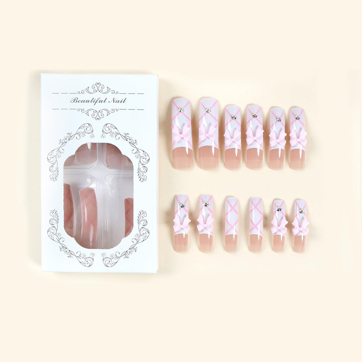IMSOHOT Extra Long Press on Nails Curved Fake Nails - Pink Bow, Rhinestone Designs White French False Nails Acrylic Artificial Stick on Nails for Women Girls 20Pcs