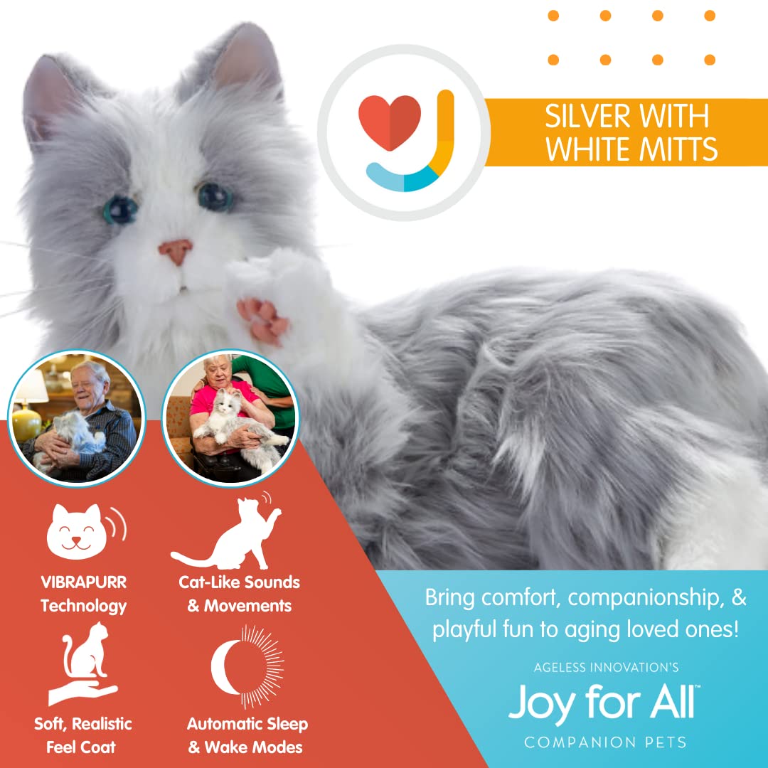 JOY FOR ALL Companion Pet for Seniors - Lifelike Animatronic Cat - Realistic Soft-Touch Fur & Purring - Therapy Stuffed Animal - Toy for Alzheimer's & Dementia - Silver w/White