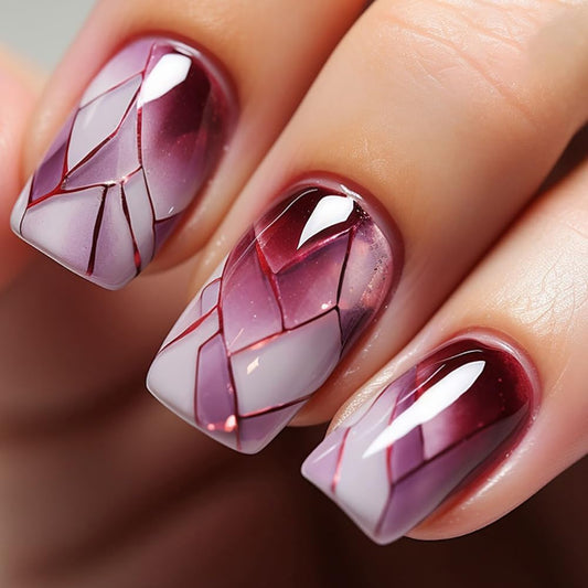 24Pcs Square Press on Nails Medium Fake Nails with Glossy Full Cover False Nails and Wine Red Broken Glass Pattern Acrylic Nails Square Glue on Nail for Women Manicure