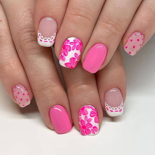 LINMEIZAI Press on Nails Short Square Spring Flower Glossy Acrylic Fake Nails Press ons Glue on False Nails for Women Reusable Cute Manicure Set White Polka Dots Stick on Nails French Tip 24Pcs