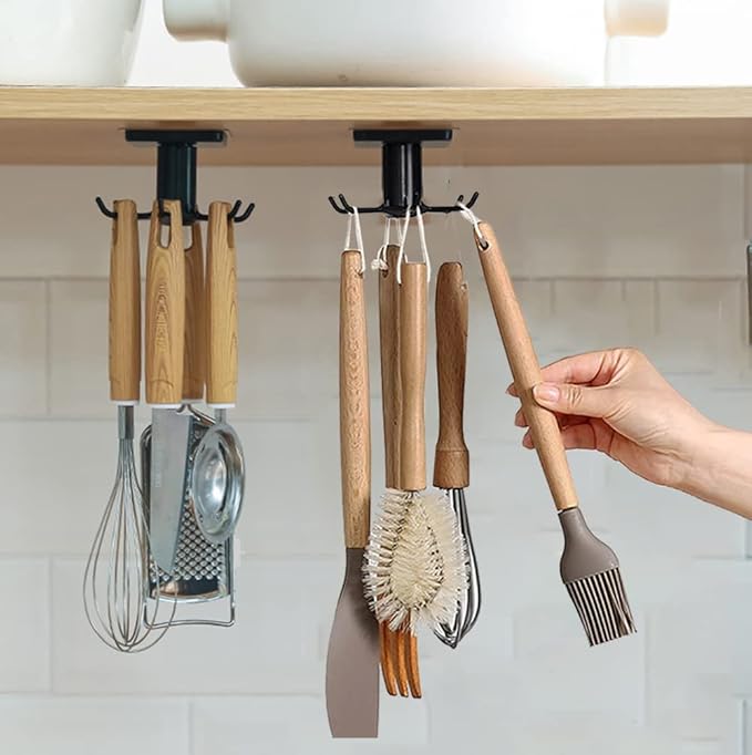 2pcs Under Cabinet Kitchen Utensil Hooks,360Â° Rotating Drilling Free Adhesive Utensils Hanging Rack for Tools/Towel/Knife (Black)