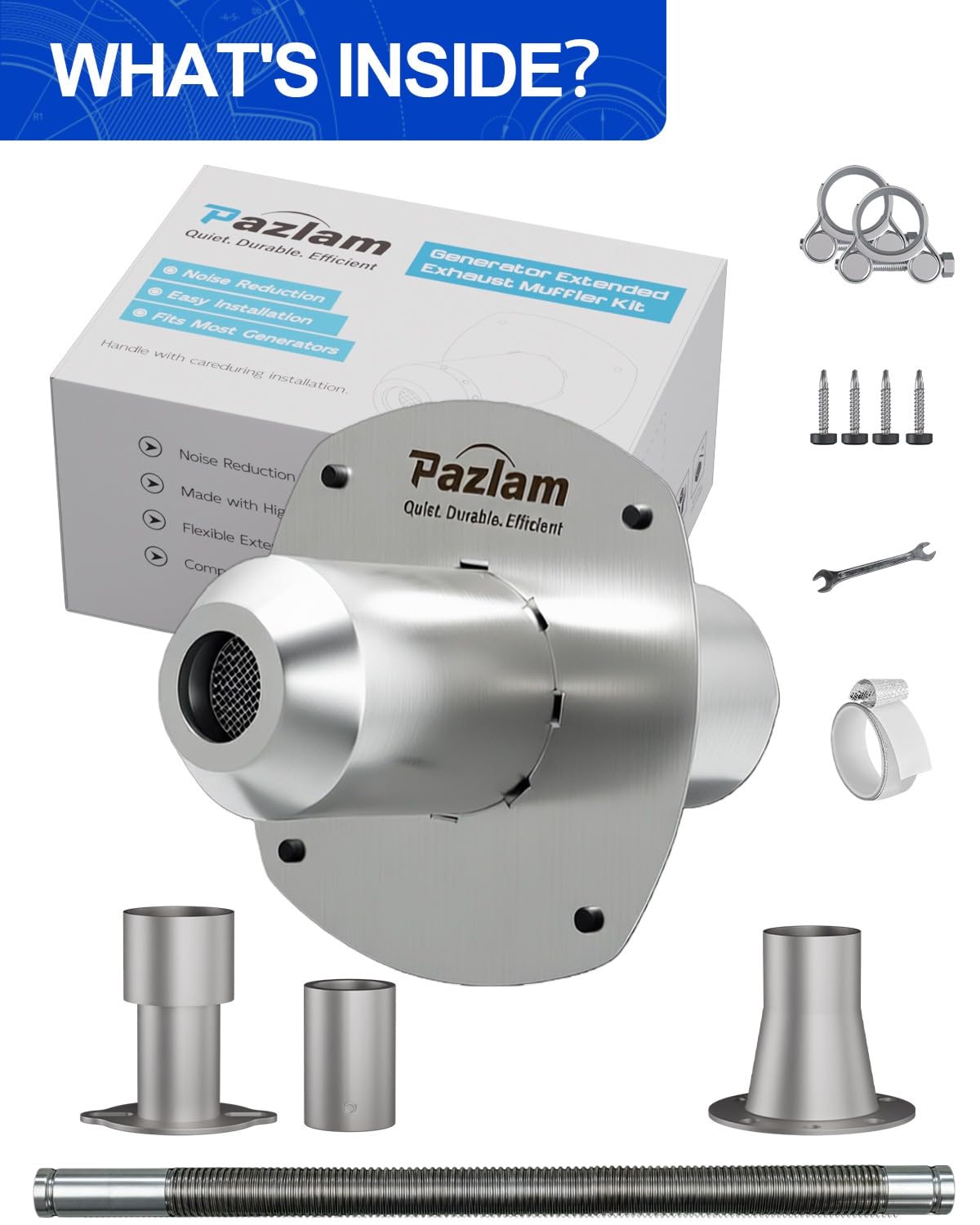 PAZLAM Generator Exhaust Extension Kit – Universal Fit for Firman, Honda, Champion & More – Heavy-Duty Stainless Steel with Flexible Pipe – Exhaust Noise Reduction & Fume Venting