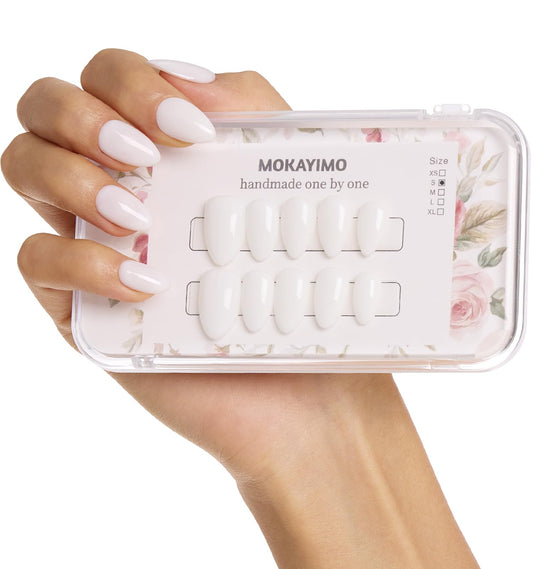 MOKAYIMO White Press On Nails-Short Almond，Acrylic Nails Press On，10 Pcs Handmade Press On Nail Kit with Waterproof Sticky Tabs,Salon Quality,Milky White,Size M