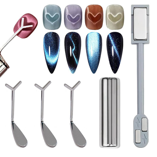 XEAOHESY 2 Pcs Cat Eye Magnet for Nails + 3 Y-Shaped Metal Brackets for Heart Cat Eye Effect Cylindrical Nail Magnet Double Ended Rectangular Magnet Stick for Cat Eye Gel Nail Polish