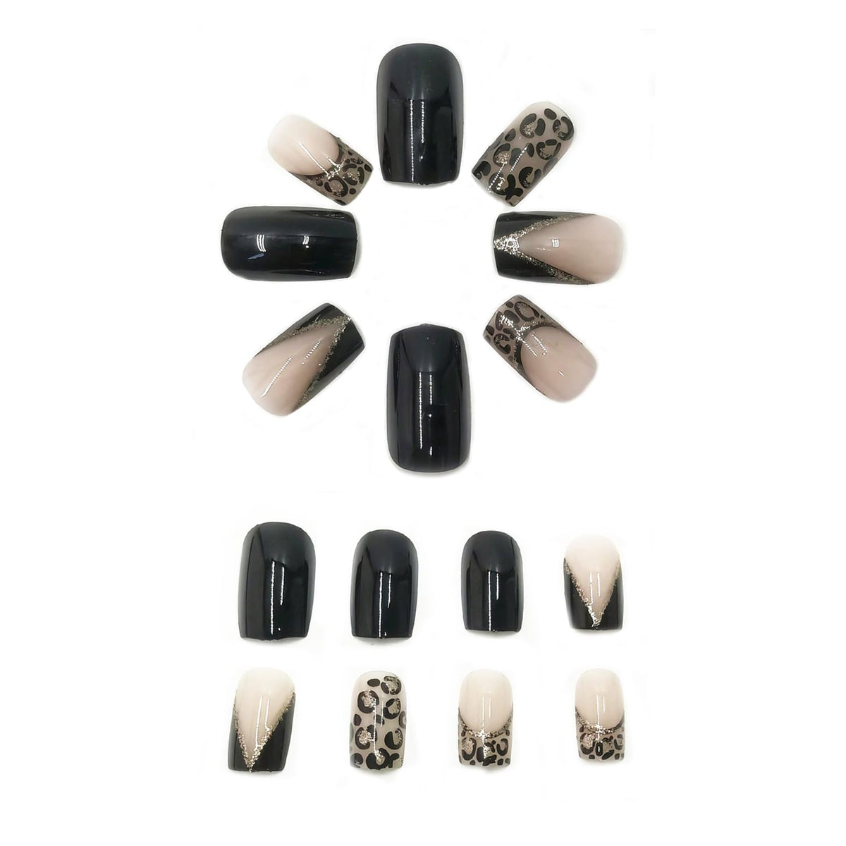 24 Pcs French Tip Press on Nails with Leopard Print Designs Medium Square Silver Glitter Fake Nail Glossy Black False Nails Full Cover Acrylic Stick on Nail for Women DIY Manicure