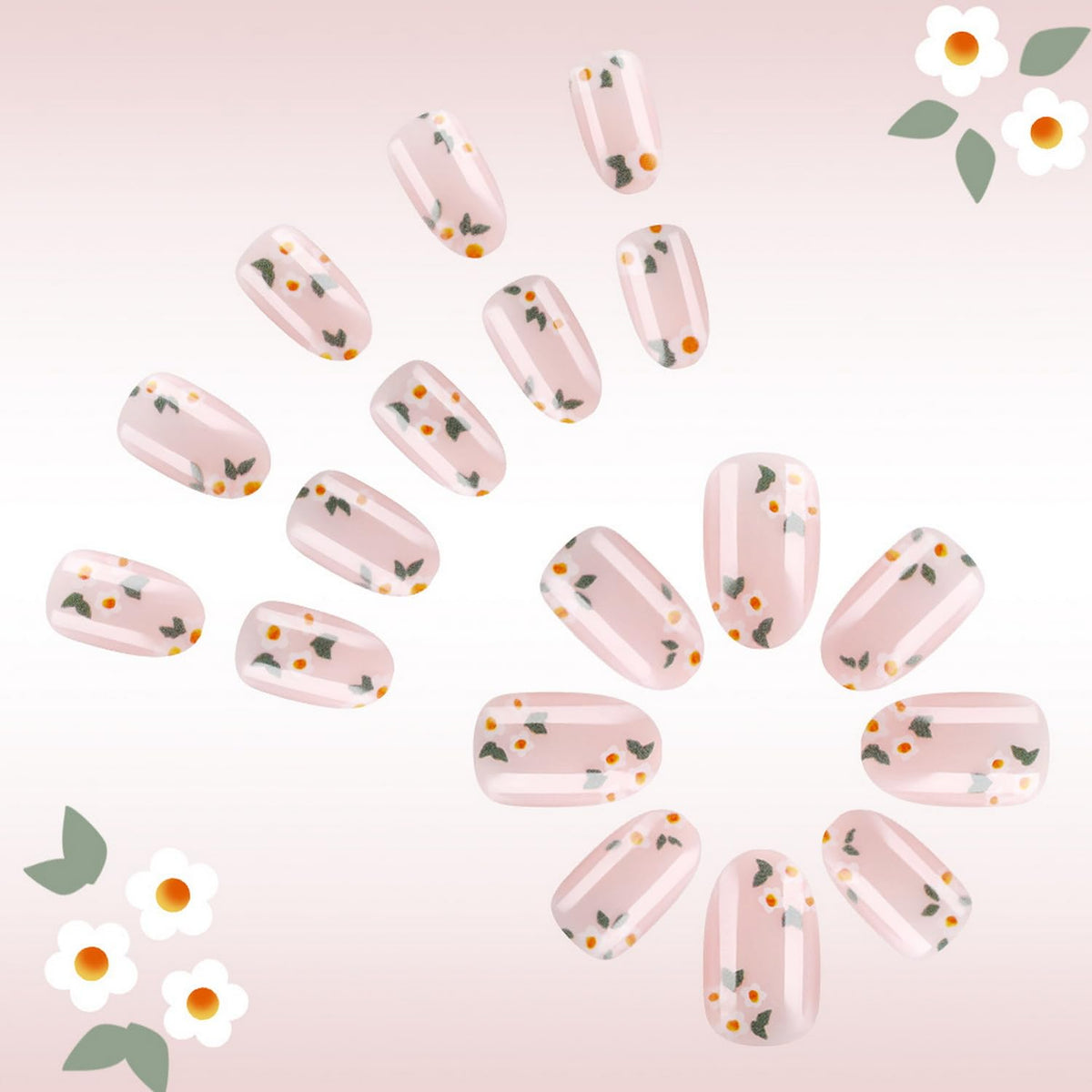 Spring Press on Nails Short Almond Fake Nails Nude Acrylic Nails with Flower designs Cute False Nails Glossy Full Cover Nature Glue on Nails for Women Summer Art Manicure Decor 24pcs