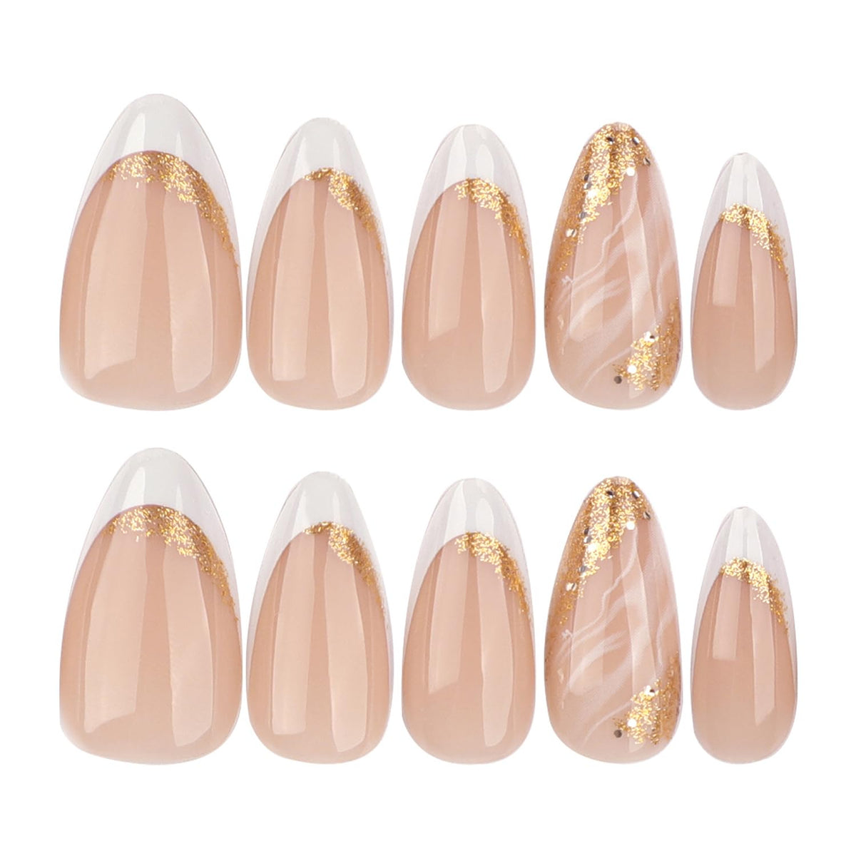 French Tip Press On Nails Short Almond, Nude Pink Fake Nails with Gold Foil Accent, Glossy Elegant Stick On Nails for Women, 24PCS Nail Kit
