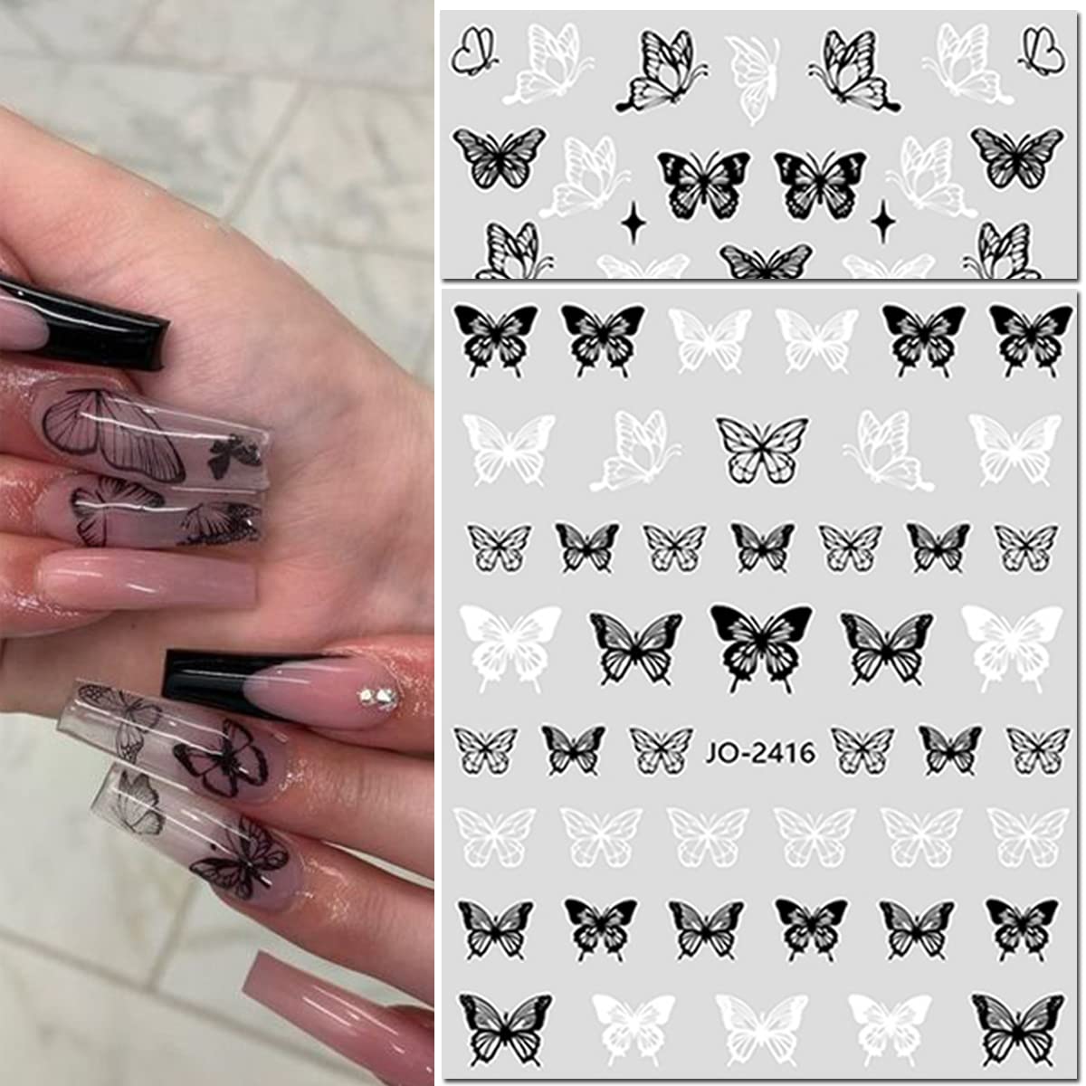 6 Sheets Butterfly Nail Art Stickers Decal 3D Self-Adhesive Nail Decals Holographic Black White Butterflies Star Nail Art Supplies Butterfly Designer Nail Stickers for Acrylic Nails Art Decorations