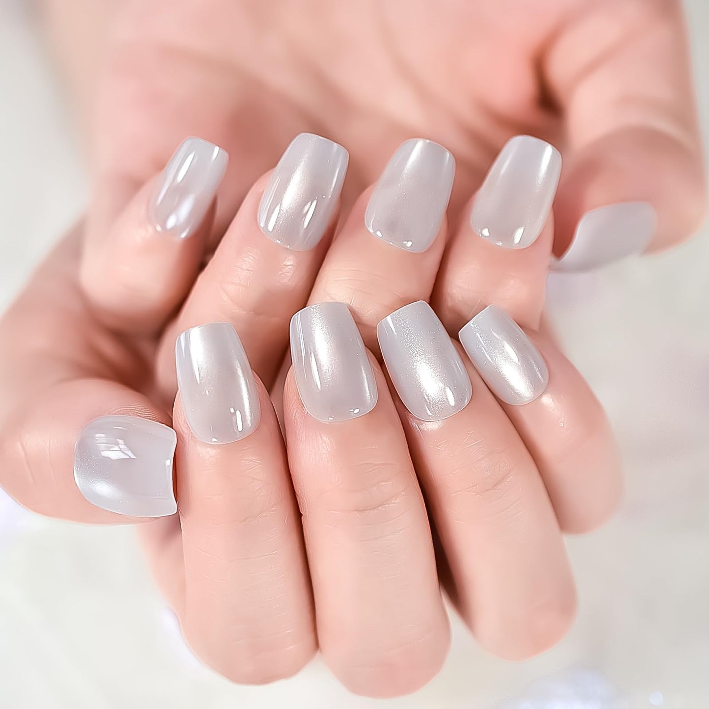 IKISKT Press On Nails - White Cat Eye Tips | Shiny Glitter Petie Sliver Solid Light Paste l UV Medium Short Square Shape False Fake Nails, Reusable Glue | 10-12 Sizes - 30 Nail Kit