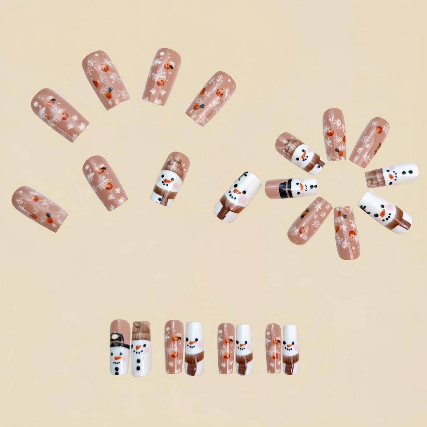 Christmas Press on Nail Medium Length Square Fake Nails Snowman Snowflake with designs Acrylic Stick on Nail Cute False Nails Winter Xmas Press ones Gel Glue on Nails for Women Holiday24pcs