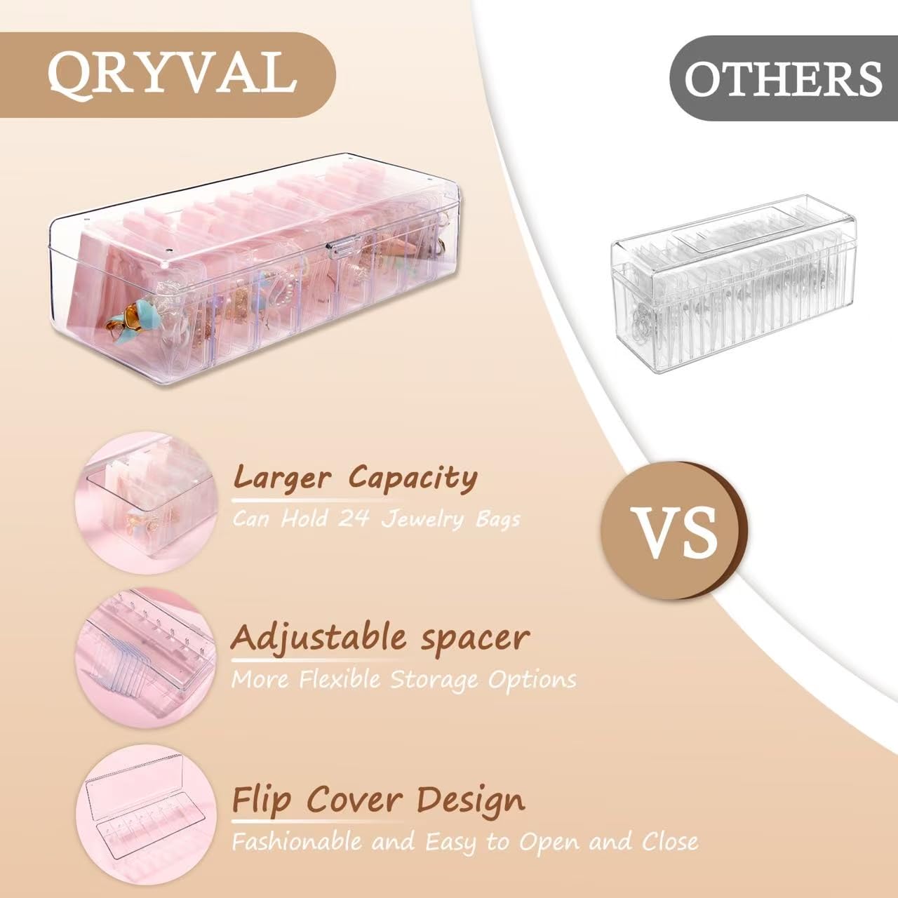 Qryval Jewelry Organizer and Storage Box with 24 EVA Anti Tarnish Bags, Travel Acrylic Case for Earrings, Necklaces & Rings, Elegant Gift for Women & Girls (S&Organizer(Clear))
