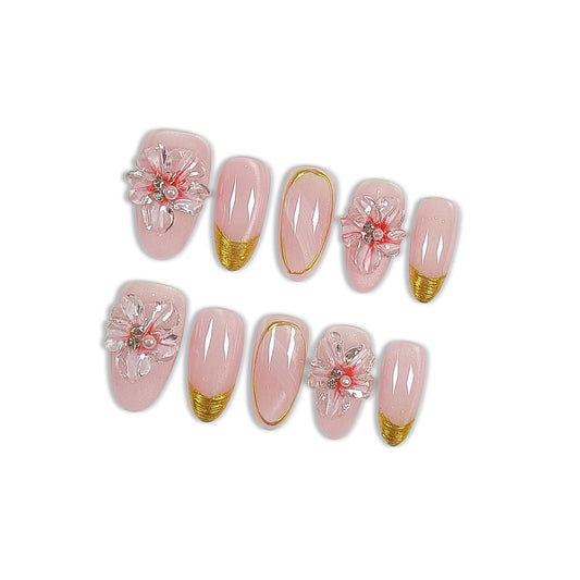 Hantyer Press on Nails, Medium Oval Fake Nails, Pink Cat Eye Base & Gold French Tips, 3D Cherry Blossoms & Icy Pink Jelly Finish, Reusable Gel Nails Sweet & Elegant Style for Women(Size XS)