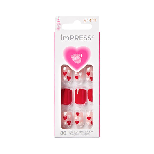 KISS imPRESS Valentine’s Day Press On Nails, ‘Full Heart’, Red, Short Squoval, No Glue Needed, Up to 10-Day Superior Hold, Includes 30 Fake Nails, Prep Pad, Mini Nail File & Manicure Stick